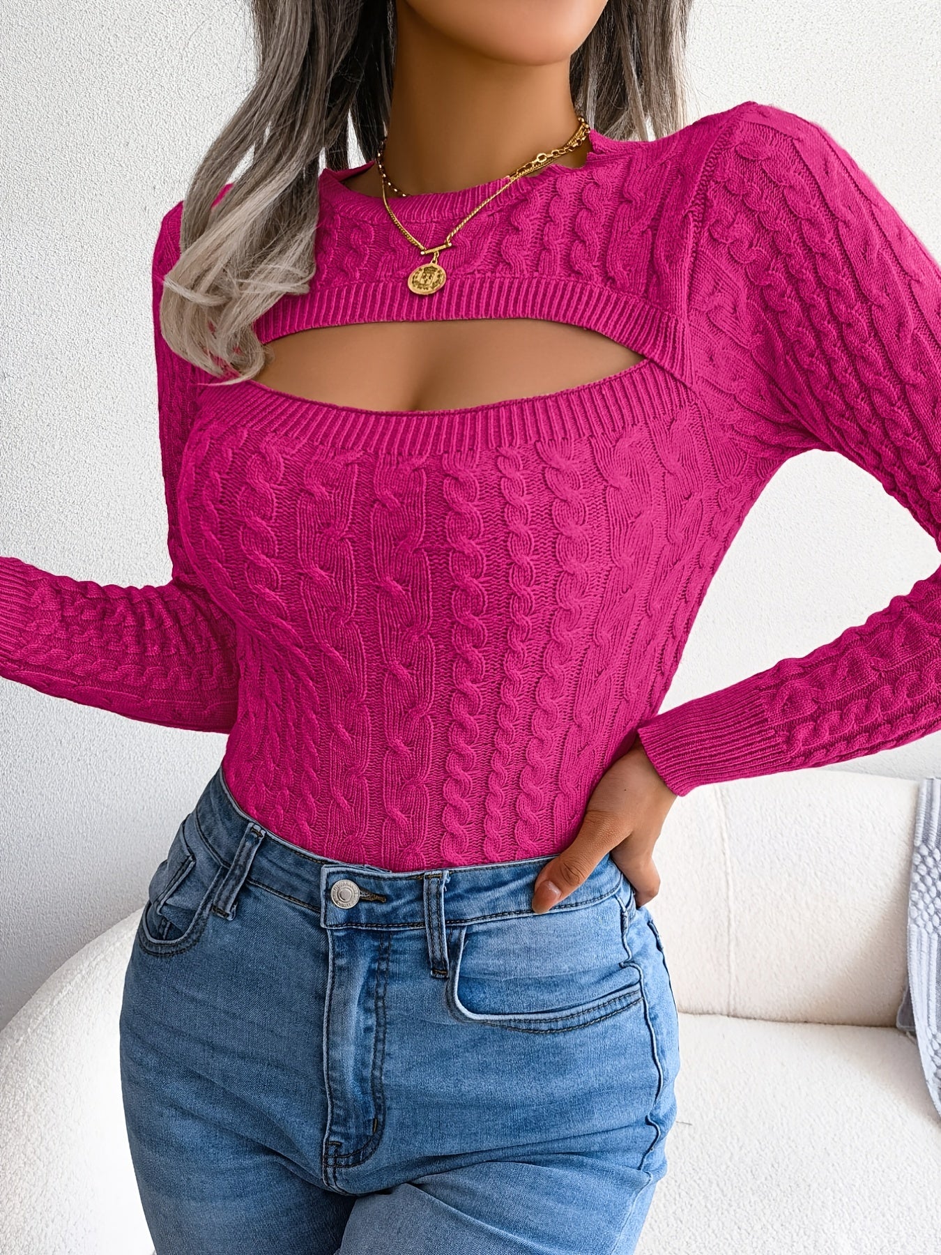 Women's Hollow-Out Knit Pullover – Long Sleeve, Skinny Fit, Crew Neck, Spring/Fall