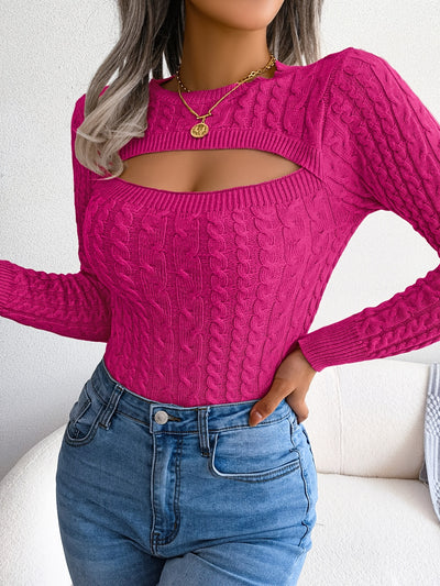 Women's Hollow-Out Knit Pullover – Long Sleeve, Skinny Fit, Crew Neck, Spring/Fall