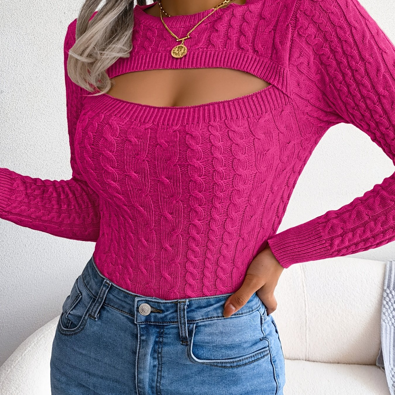 Women's Hollow-Out Knit Pullover – Long Sleeve, Skinny Fit, Crew Neck, Spring/Fall