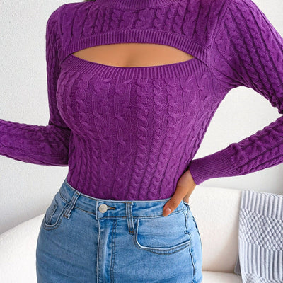 Women's Hollow-Out Knit Pullover – Long Sleeve, Skinny Fit, Crew Neck, Spring/Fall