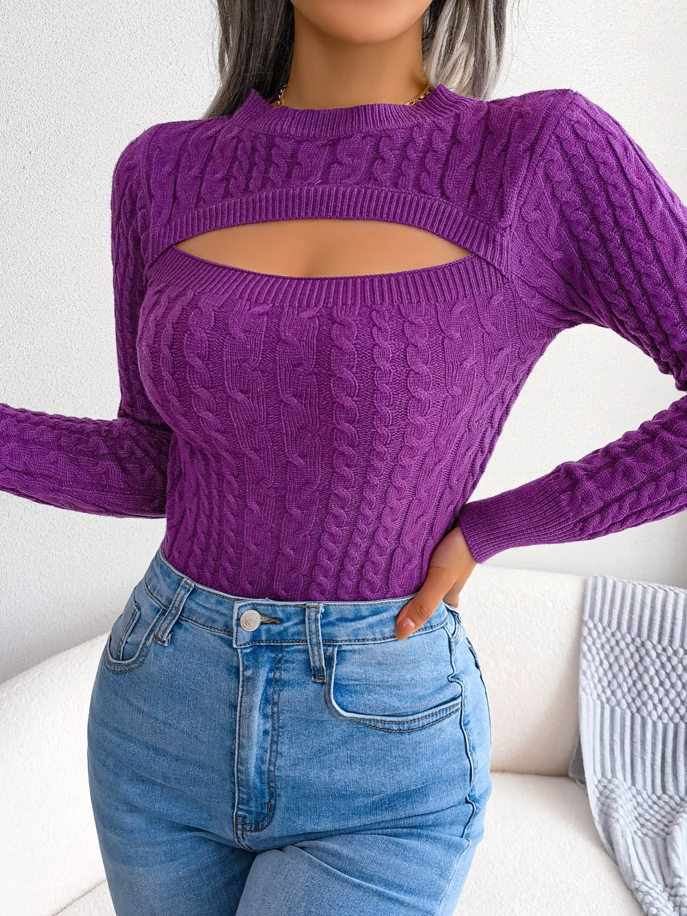 Women's Hollow-Out Knit Pullover – Long Sleeve, Skinny Fit, Crew Neck, Spring/Fall