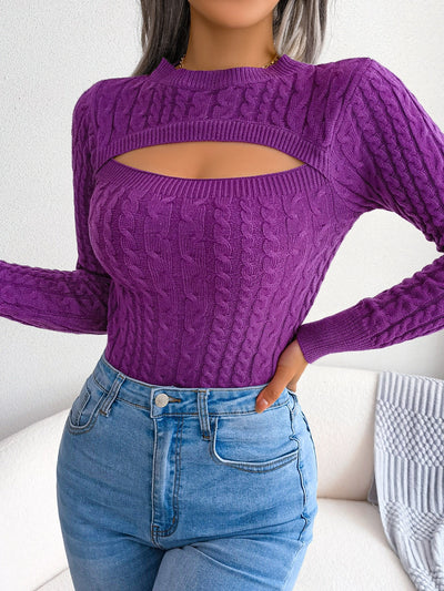 Women's Hollow-Out Knit Pullover – Long Sleeve, Skinny Fit, Crew Neck, Spring/Fall