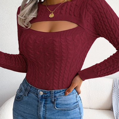 Women's Hollow-Out Knit Pullover – Long Sleeve, Skinny Fit, Crew Neck, Spring/Fall